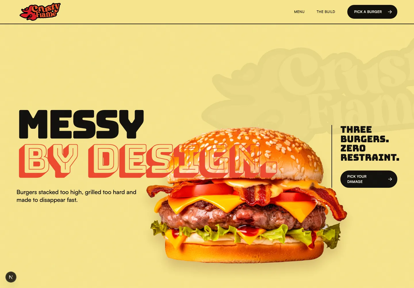Crusty Flame website homepage with oversized red typography and a burger