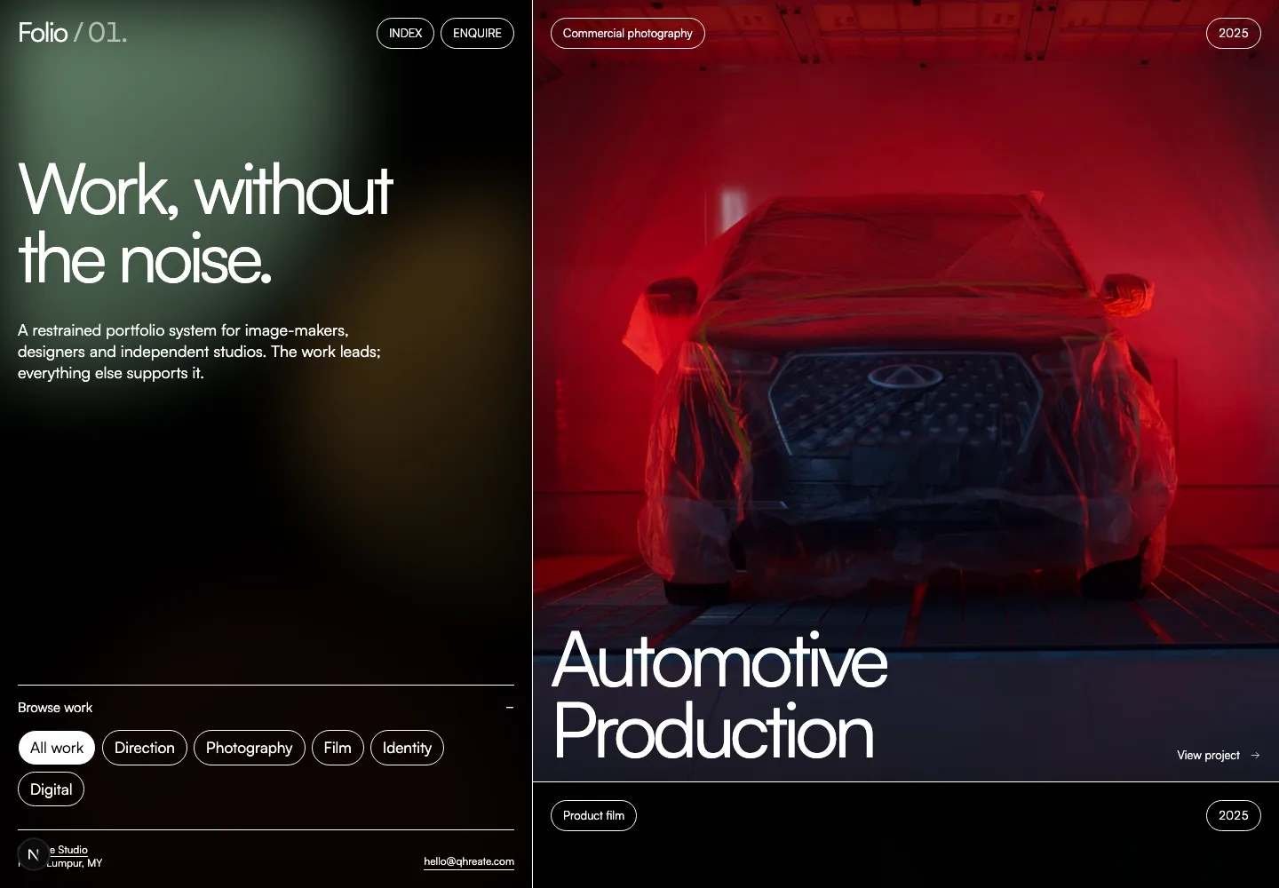 Folio 01 portfolio template homepage with a minimal automotive project card