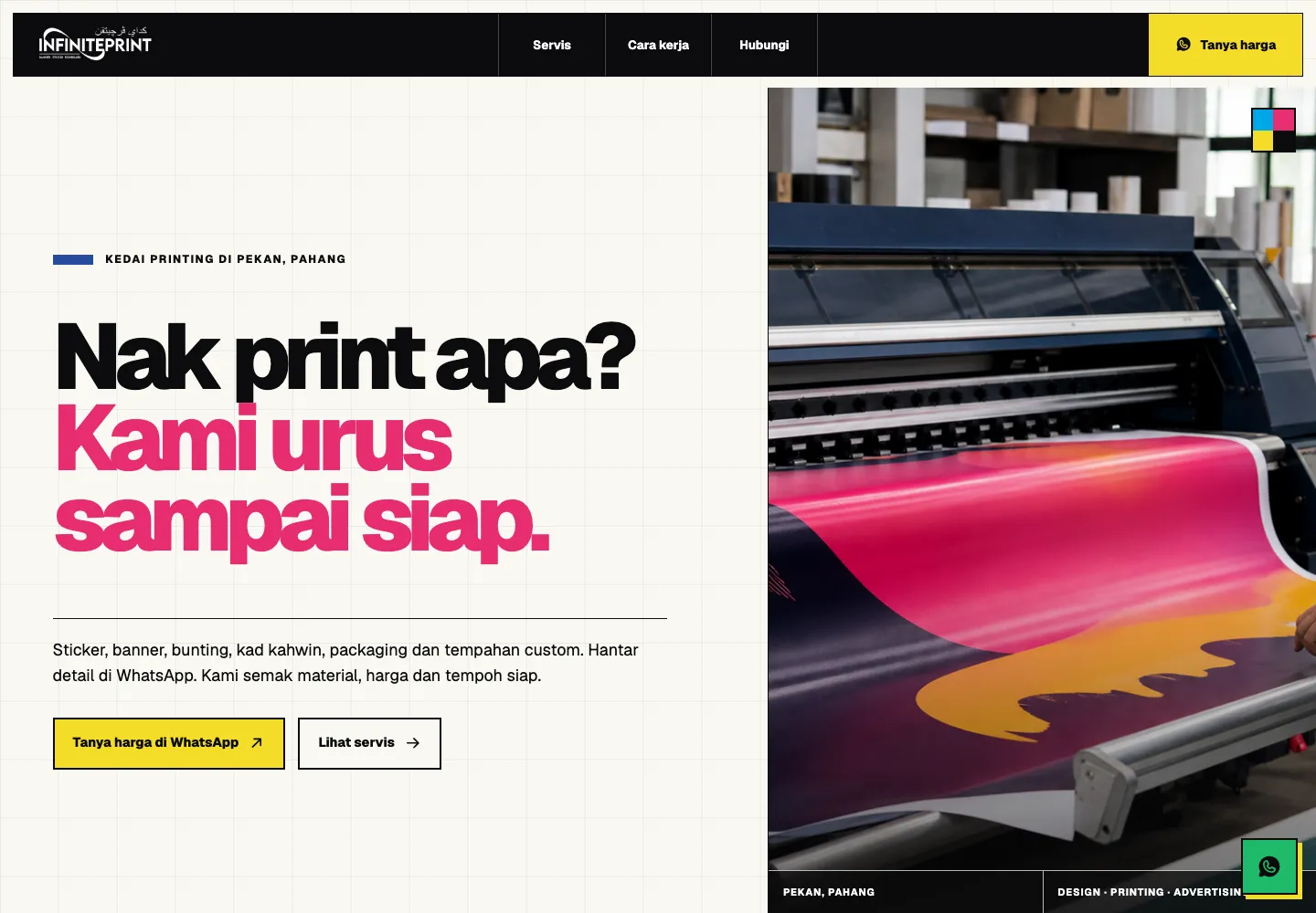Infinite Printing website homepage with a Bahasa-first printing enquiry message