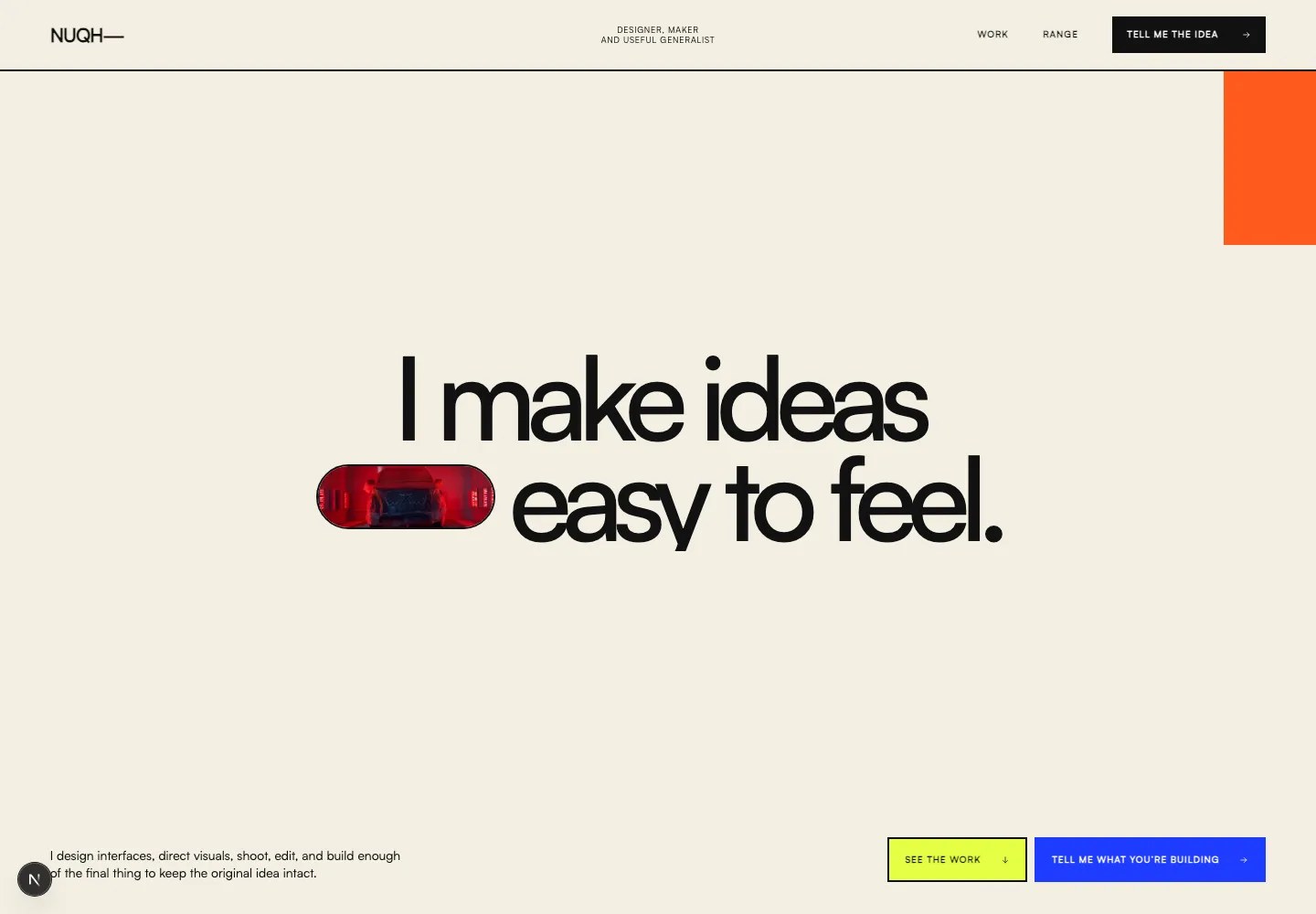 Nuqh personal portfolio homepage with the statement I make ideas easy to feel