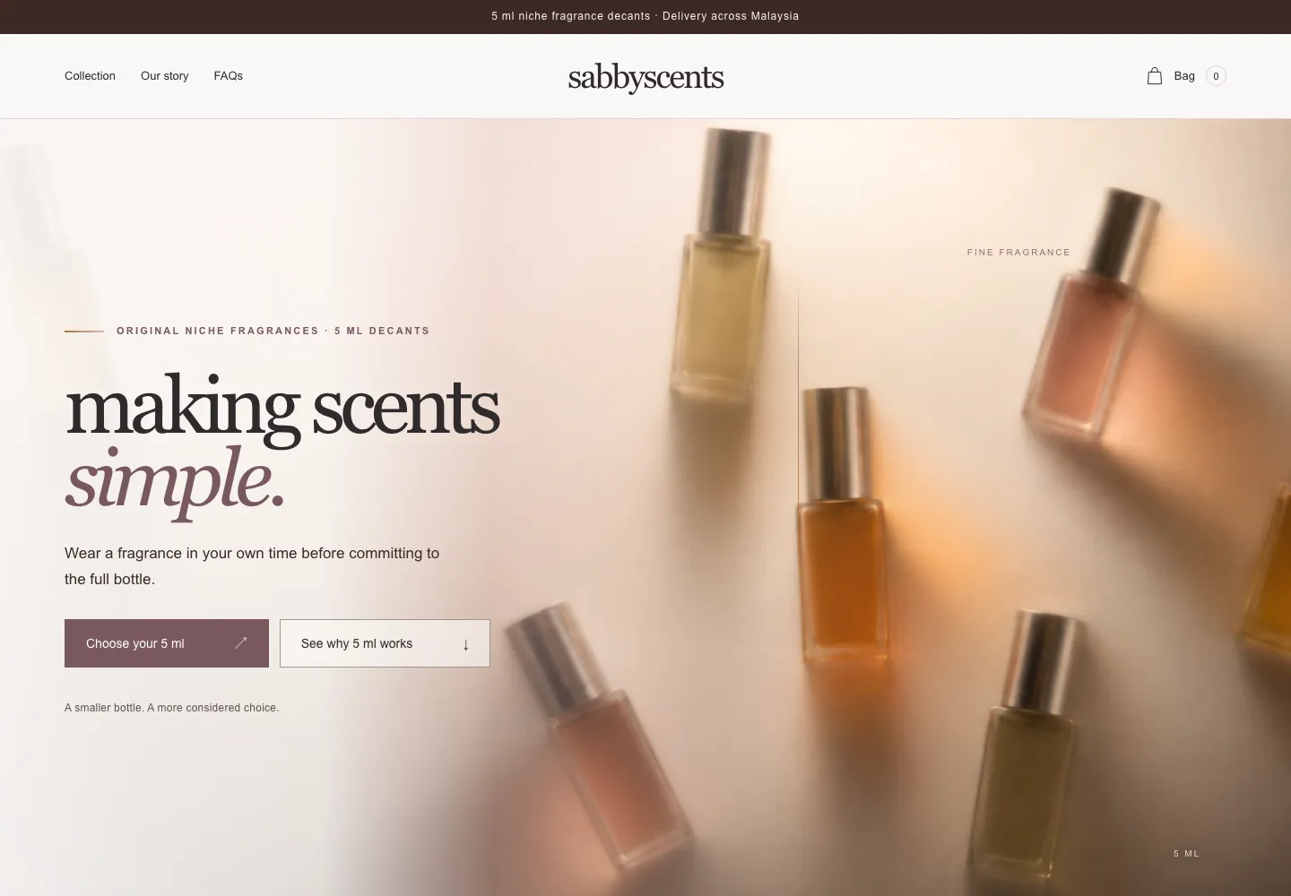 SabbyScents website homepage with fragrance decants behind frosted glass