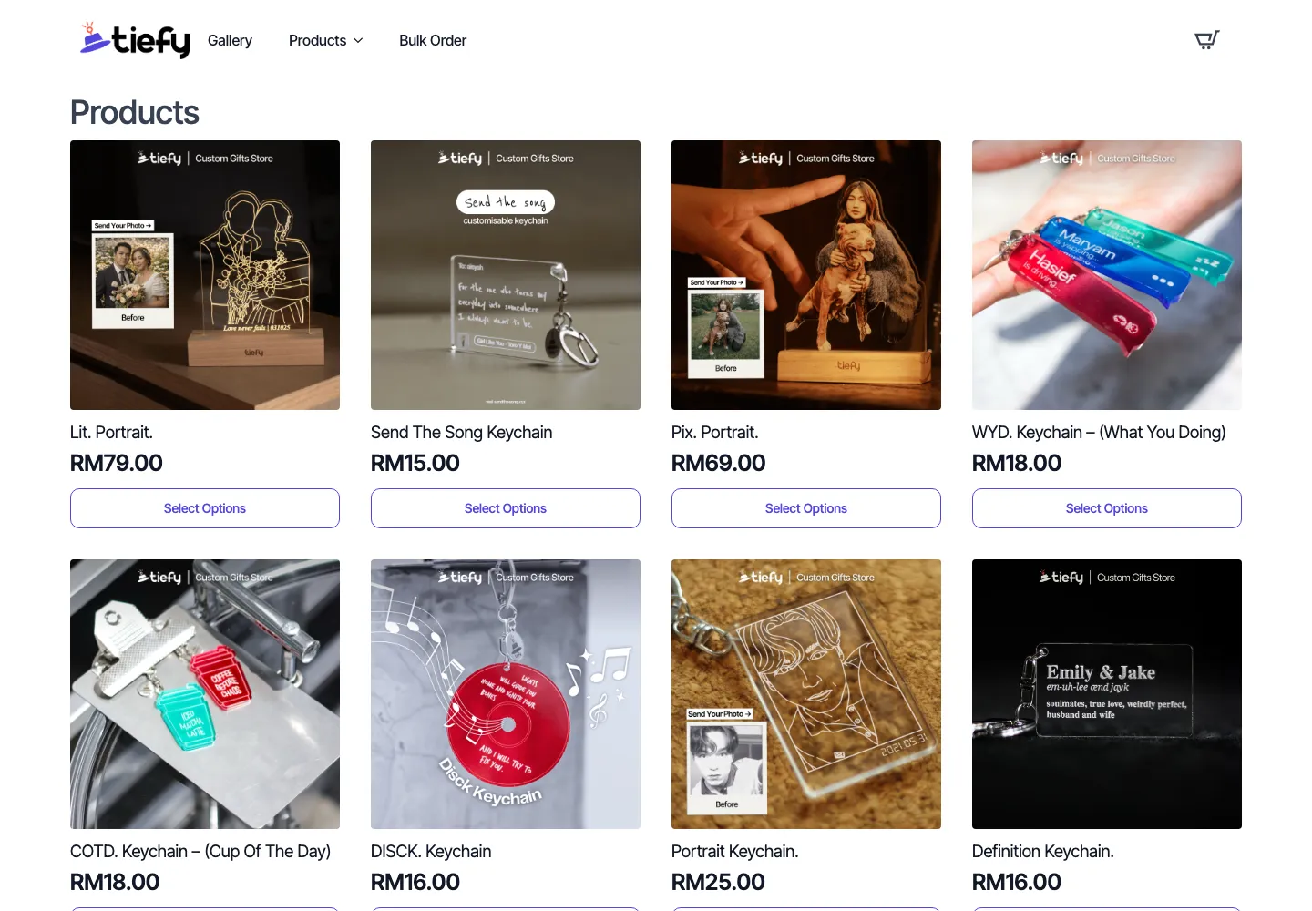 Tiefy online shop showing personalised portrait and keychain products